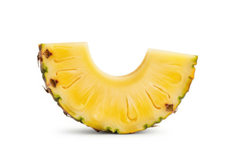A bright yellow, curved slice of fresh pineapple with visible texture and a white background.の素材