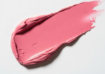 A single, thick smear of creamy pink lipstick is artfully swatched on a plain white surface, showcasing its smooth texture.の素材