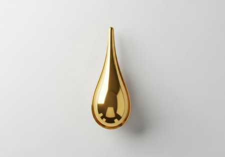 A single, highly reflective golden teardrop shape is positioned vertically against a plain white background, casting a subtle shadow.の素材