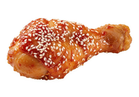 A close-up shot of a single, golden-brown fried chicken drumstick coated in a sticky glaze and sprinkled with sesame seeds.の素材