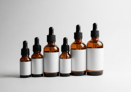 Mockup of brown glass dropper bottles with blank label on white backgroundの素材