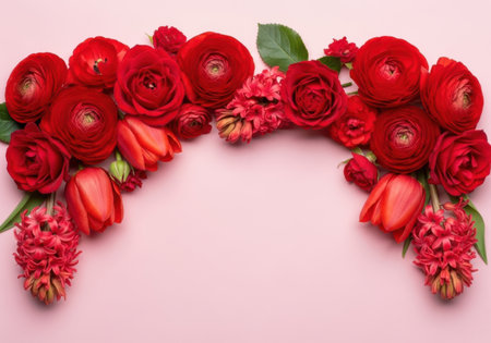 A beautiful archway formed by lush red ranunculus, tulips, and hyacinths with green leaves.の素材