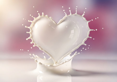 Dynamic splash of fresh white milk forming a symbolic heart shapeの素材