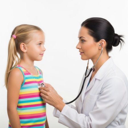 A female doctor in a white coat uses a stethoscope to examine a young girl's chest.の素材