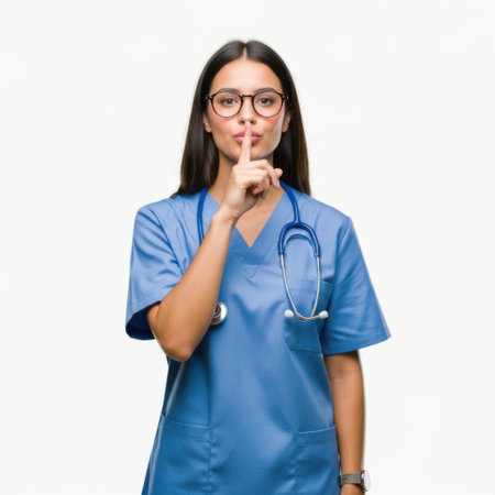 A young female healthcare professional in blue scrubs and glasses holds her finger to her lips, signaling for quiet.の素材
