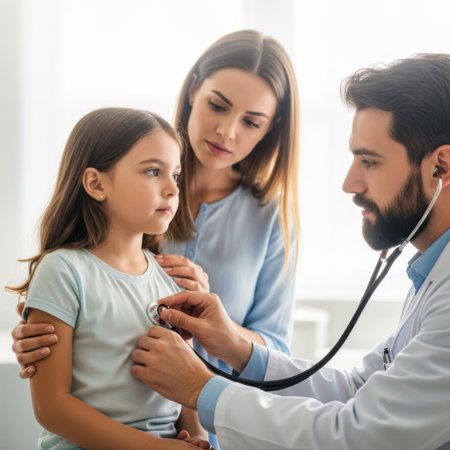 A concerned mother stands behind her daughter as a doctor uses a stethoscope to listen to the child's heart during a medical examination.の素材