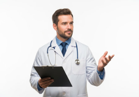 A male doctor in a white coat with a stethoscope around his neck holds a clipboard and gestures with his free hand.の素材