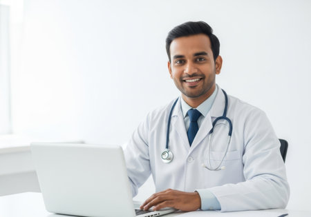A friendly male doctor wearing a white coat and stethoscope smiles while working on a laptop in a bright office.の素材