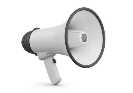 A white megaphone with a black rim and handle is isolated on a white background. It is a tool for making voices louder.の素材