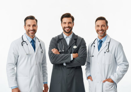 Three confident male doctors stand together, two in white lab coats and one in a dark suit, all smiling warmly.の素材