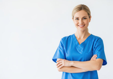 A friendly female healthcare professional in blue scrubs stands with her arms crossed, smiling confidently against a plain white background.の素材