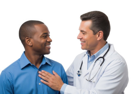 A doctor in a white coat with a stethoscope places a reassuring hand on a patient's chest during a consultation.の素材
