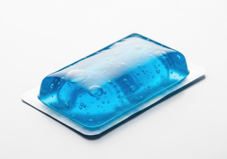 A single, rectangular blue gel pack with small bubbles, presented on a silver foil backing, ready for therapeutic use.の素材