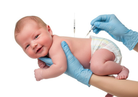A newborn baby is held by gloved hands while receiving an injection in the arm from a medical professional.の素材