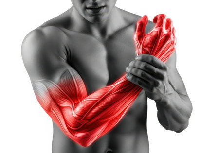 A person's arm, with muscles and blood vessels highlighted in red to indicate pain, injury, or inflammation.の素材