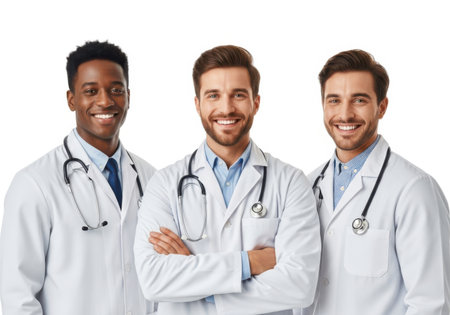 healthcare, profession and medicine concept - group of smiling doctors with stethoscopes over white backgroundの素材