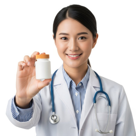 A young female doctor in a white coat and stethoscope holds up a white pill bottle, smiling confidently at the camera.の素材