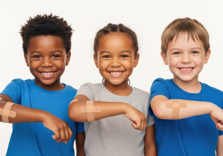 Three young children of different ethnicities are smiling and showing their arms with colorful band-aids on them.の素材