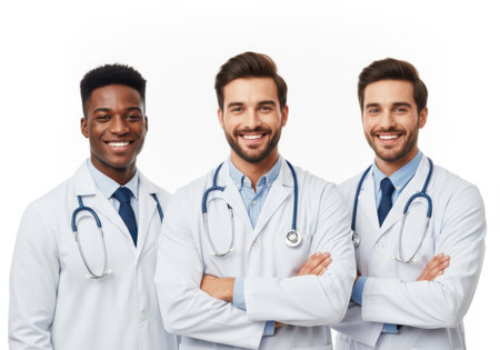 A diverse group of three male doctors wearing white lab coats and stethoscopes, smiling confidently at the camera against a white background.の素材