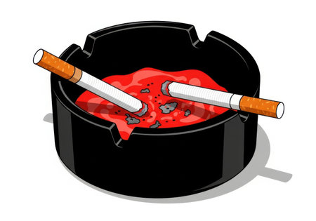 A black ashtray contains a pool of red liquid with two cigarettes resting on top.の素材