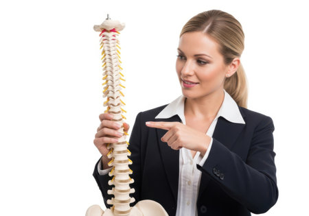 A woman in a suit points to a detailed human spine model, likely in a medical or educational context.の素材