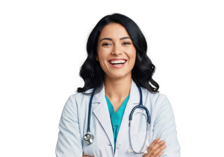 A happy female doctor wearing a white lab coat and stethoscope, smiling broadly with her arms crossed.の素材