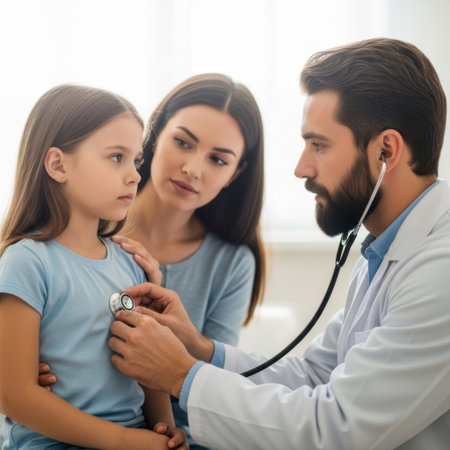 A doctor uses a stethoscope to examine a young girl while her concerned mother watches closely.の素材