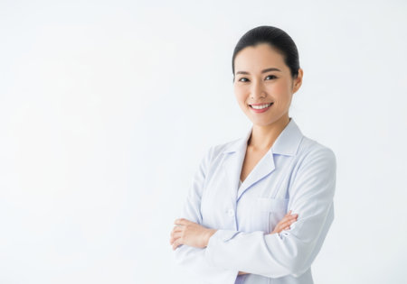 A confident and friendly Asian woman in a white lab coat smiles with her arms crossed against a plain white background.の素材