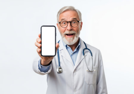 An elderly doctor in a white coat and stethoscope enthusiastically presents a smartphone with a blank white screen to the viewer.の素材