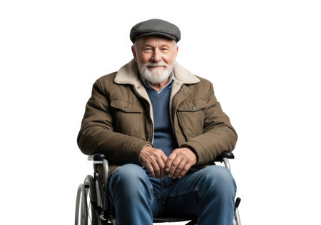 A happy elderly man with a white beard sits in a wheelchair, smiling at the camera while wearing a flat cap and a warm jacket.の素材