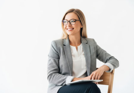 A blonde woman wearing glasses and a patterned jacket smiles while sitting on a wooden chair and holding a tablet.の素材