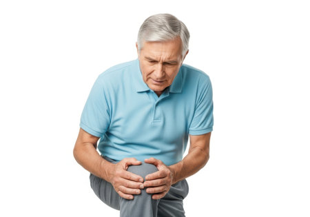 An older man with gray hair is hunched over, clutching his knee, appearing to be in discomfort or pain.の素材