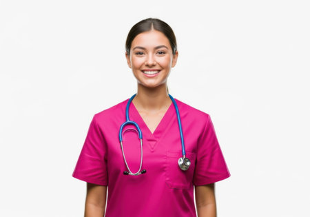 A young woman in pink medical scrubs smiles confidently, wearing a stethoscope around her neck against a white background.の素材