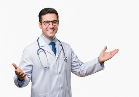 A cheerful male doctor wearing glasses and a stethoscope extends his arms outward in a welcoming gesture against a white background.の素材