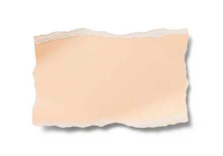 A small, irregularly shaped piece of light brown paper is torn at the edges and casts a soft shadow on a white background.の素材