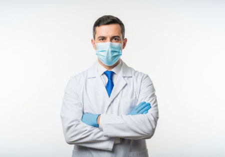 A male doctor in a white lab coat and blue tie, wearing a face mask and blue gloves, stands with arms crossed.の素材