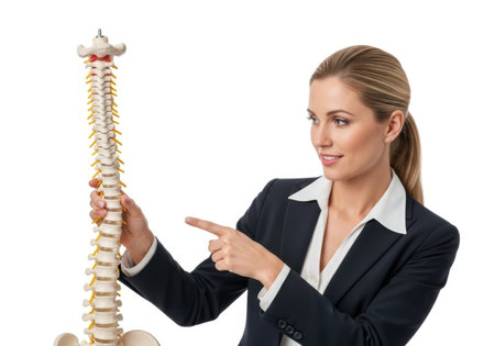 A professional woman in a suit gestures towards a detailed human spine model, highlighting its structure against a white background.の素材