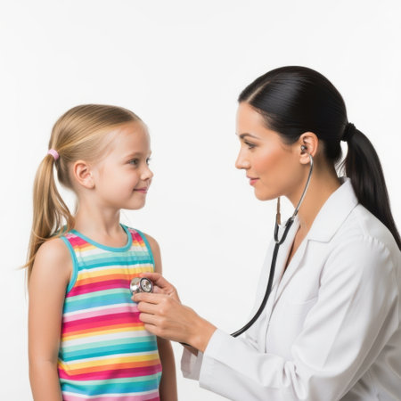 A female doctor in a white coat uses a stethoscope to examine a young girl with blonde pigtails. Both are looking at each other.の素材