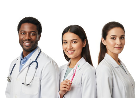 Three smiling medical professionals, two women and one man, stand together wearing white lab coats and stethoscopes against a white background.の素材
