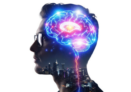 A profile view of a man's head overlaid with a vibrant, glowing brain and a cityscape, symbolizing thought and urban life.の素材