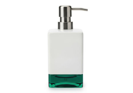 A sleek, modern soap dispenser featuring a white body, a transparent green base, and a silver metal pump, isolated on a white background.の素材