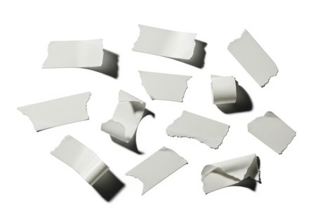 A collection of torn white tape pieces are scattered across a clean white surface, casting subtle shadows.の素材