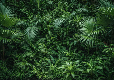 A dense, vibrant overhead view of a tropical rainforest canopy, showcasing a variety of lush green foliage and palm fronds.の素材