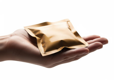 A close-up shot of a hand holding a small, shiny golden packet against a stark white background.の素材