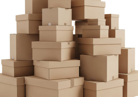 A large pile of brown cardboard boxes of various sizes, stacked precariously against a white background.の素材