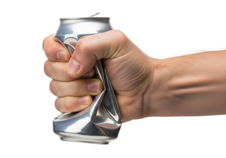 A close-up shot of a human hand tightly gripping and crushing a silver aluminum beverage can against a white background.の素材