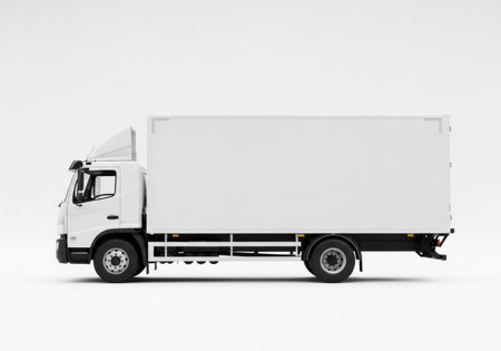 A clean, white box truck is depicted in profile against a plain background, ready for branding and logistics.の素材