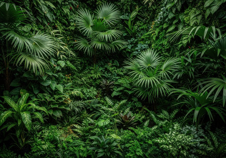 A dense, vibrant wall of various green tropical plants and ferns creates a natural, verdant backdrop.の素材