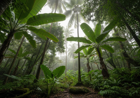 A dense, verdant jungle scene with towering trees and large leaves, bathed in ethereal sunlight filtering from above.の素材