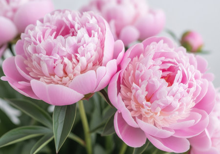 A detailed close-up view of several delicate pink peony flowers with lush green foliage.の素材